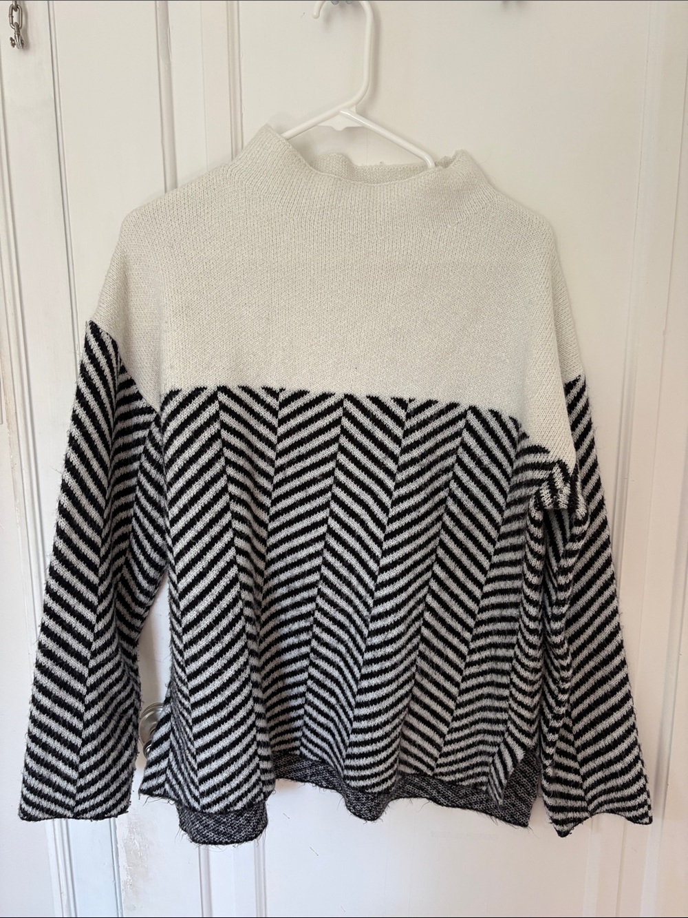 cleo Cream and Black Chevron Mock Neck Sweater